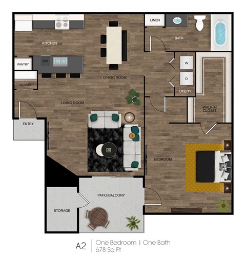 A 678 square foot apartment with one bedroom and one bath.